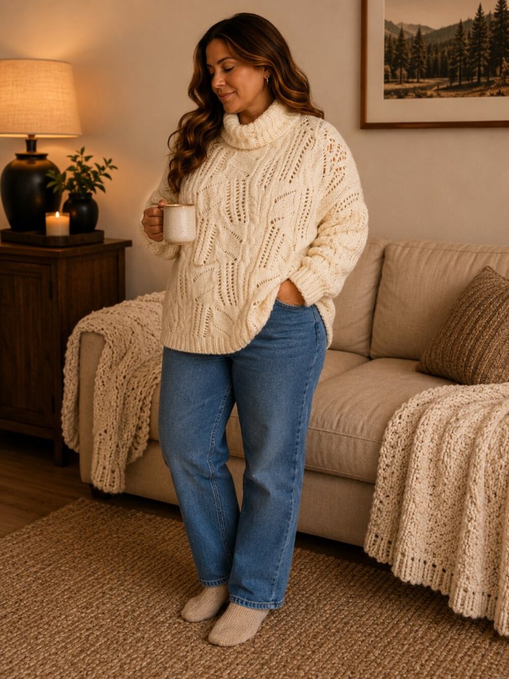 Turtleneck Cable Knit Sweater in Cream